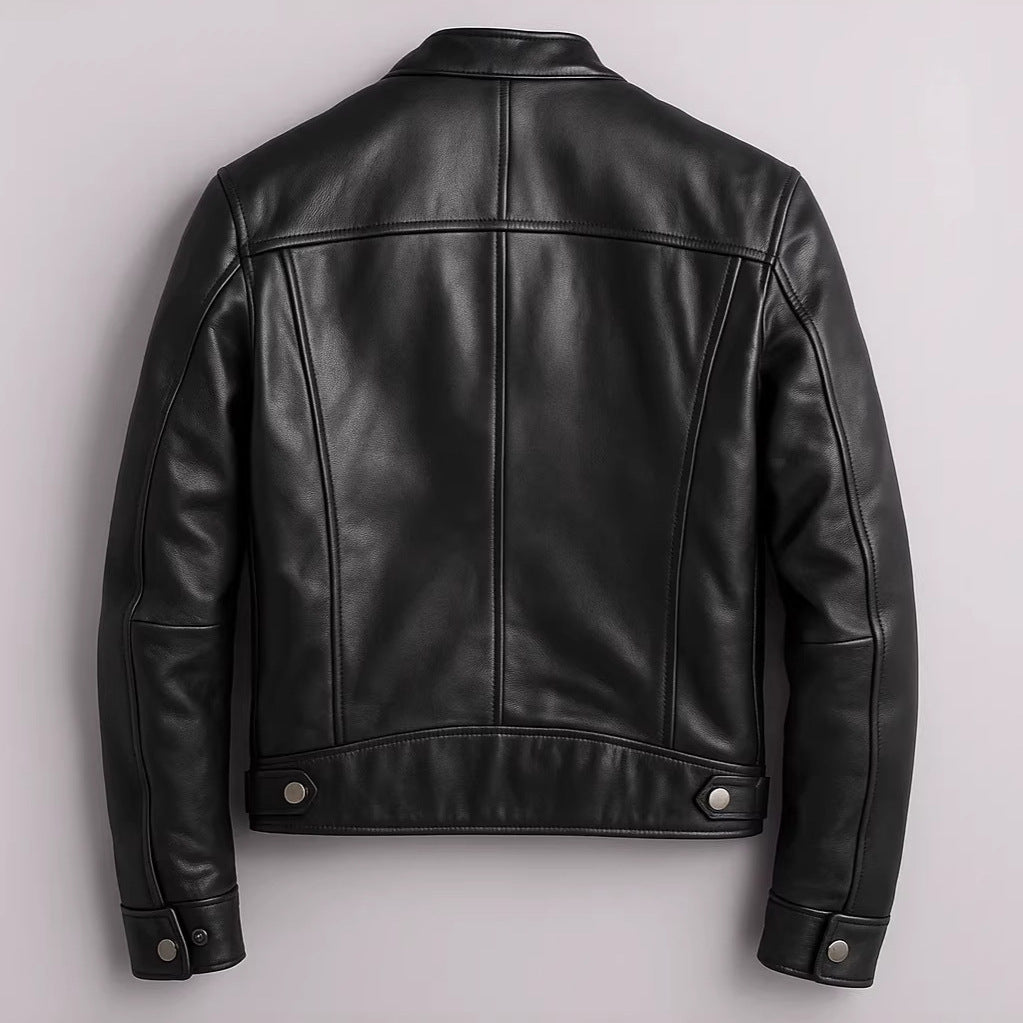 Men's black PU leather motorcycle jacket with stand-up collar, back view showing seam panels and metal snaps