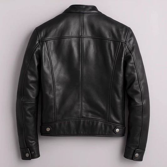 Men's black PU leather motorcycle jacket with stand-up collar, back view showing seam panels and metal snaps