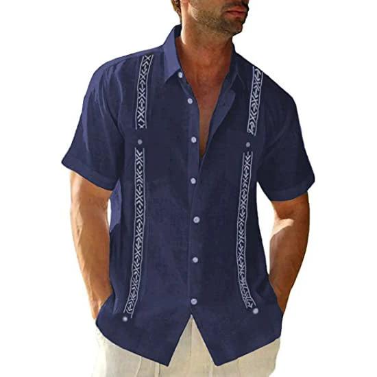 Men's Guayabera Cuban Shirt - Casual Short Sleeve Printed Streetwear - MANDOTOS