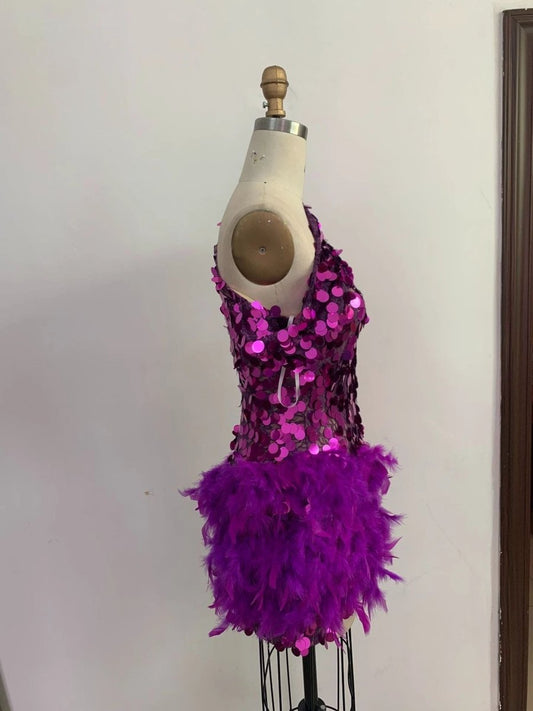 Purple Sequined Feather Skirt One-shoulder Sleeve Short Dress Luxury Party Stage Performance Dress MANDOTOS