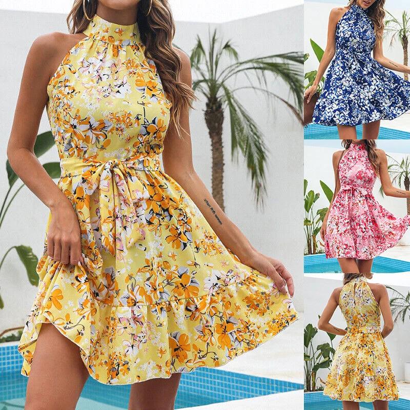 New Flowers Print Halterneck Dress Summer Fashion Temperament Lace-up Ruffled Dresses For Women MANDOTOS