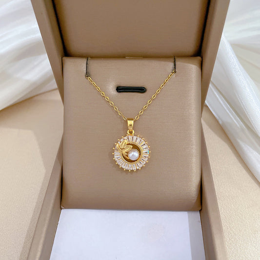 Fashion Jewelry Square Full Diamond Personalized Round Ring Leaves Necklace And Earrings Suite - MANDOTOS