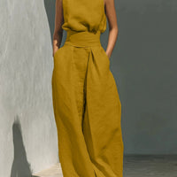 Women’s Cotton Linen Two-Piece Set – Sleeveless Top & Wide-Leg Pants