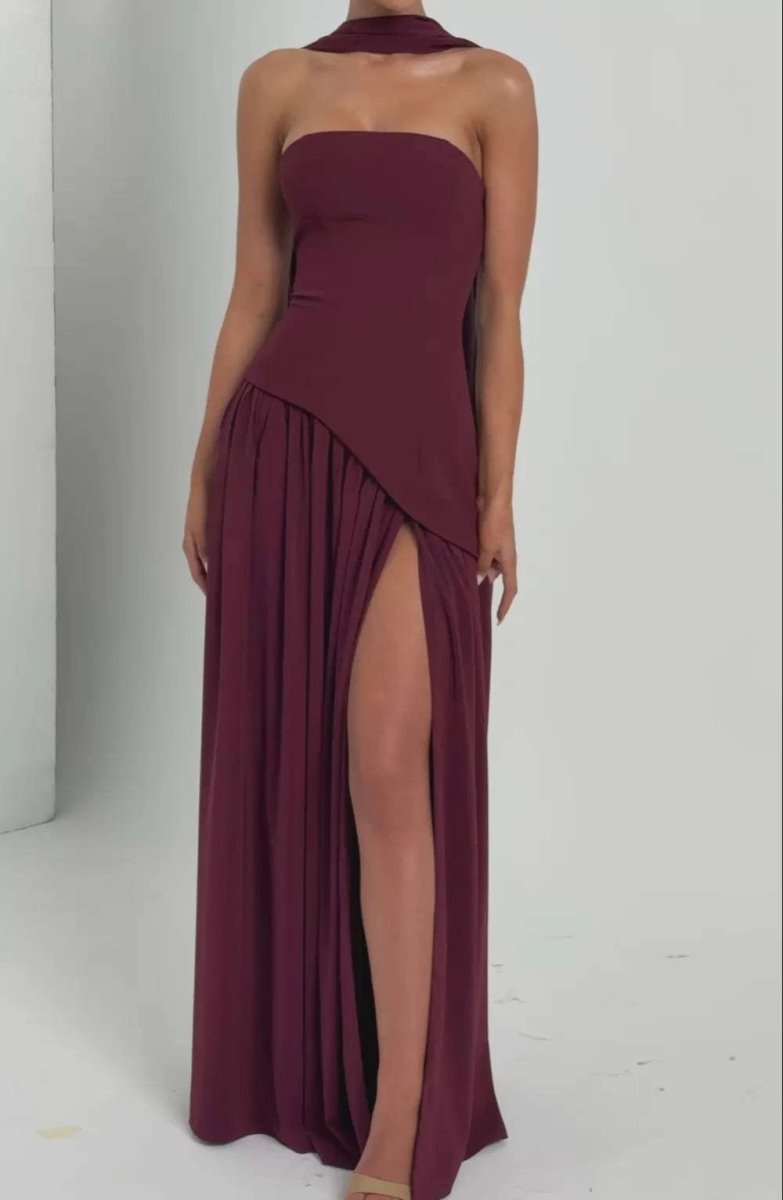Cherry Lacquer Maliyah Maxi Dress with Chiffon Skirt & Scarf - MANDOTOS