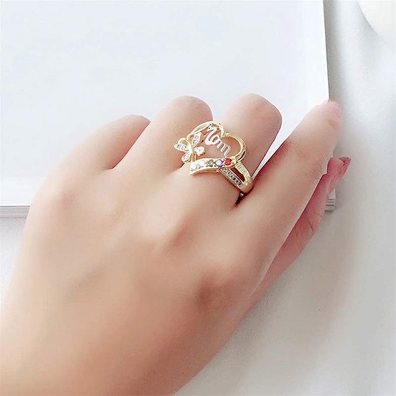 Mother's Day Gift Hollow Heart English Letter Love Mom Rhinestone Butterfly Finger Ring Jewelry Gift - MANDOTOS
