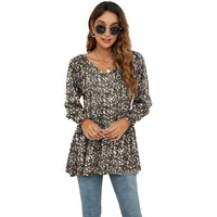 Long Puff Sleeve Tops Women Flowers Print Casual V - Neck Blouse T-Shirts Babydoll Tops - MANDOTOS INTERNATIONAL0