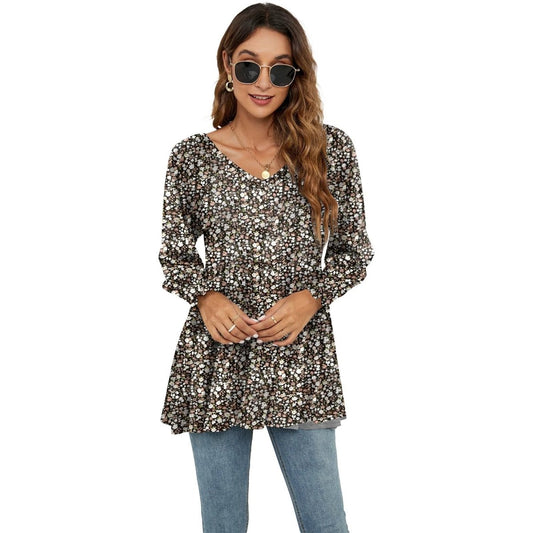 Long Puff Sleeve Tops Women Flowers Print Casual V - Neck Blouse T-Shirts Babydoll Tops - MANDOTOS INTERNATIONAL0