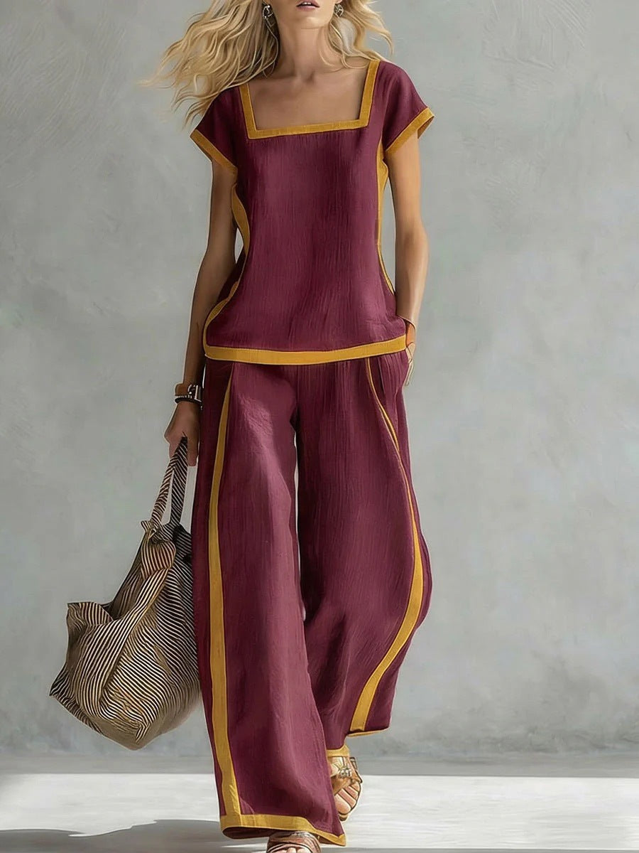 Square-Neck Three-Quarter Sleeve Loose Top & Pants Two-Piece Set - MANDOTOS INTERNATIONALTwo-Piece Set