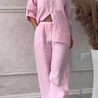 Wide-Leg Pants & Lace-Up Top Two-Piece Set – Solid Color, 12 Colors S–5XL