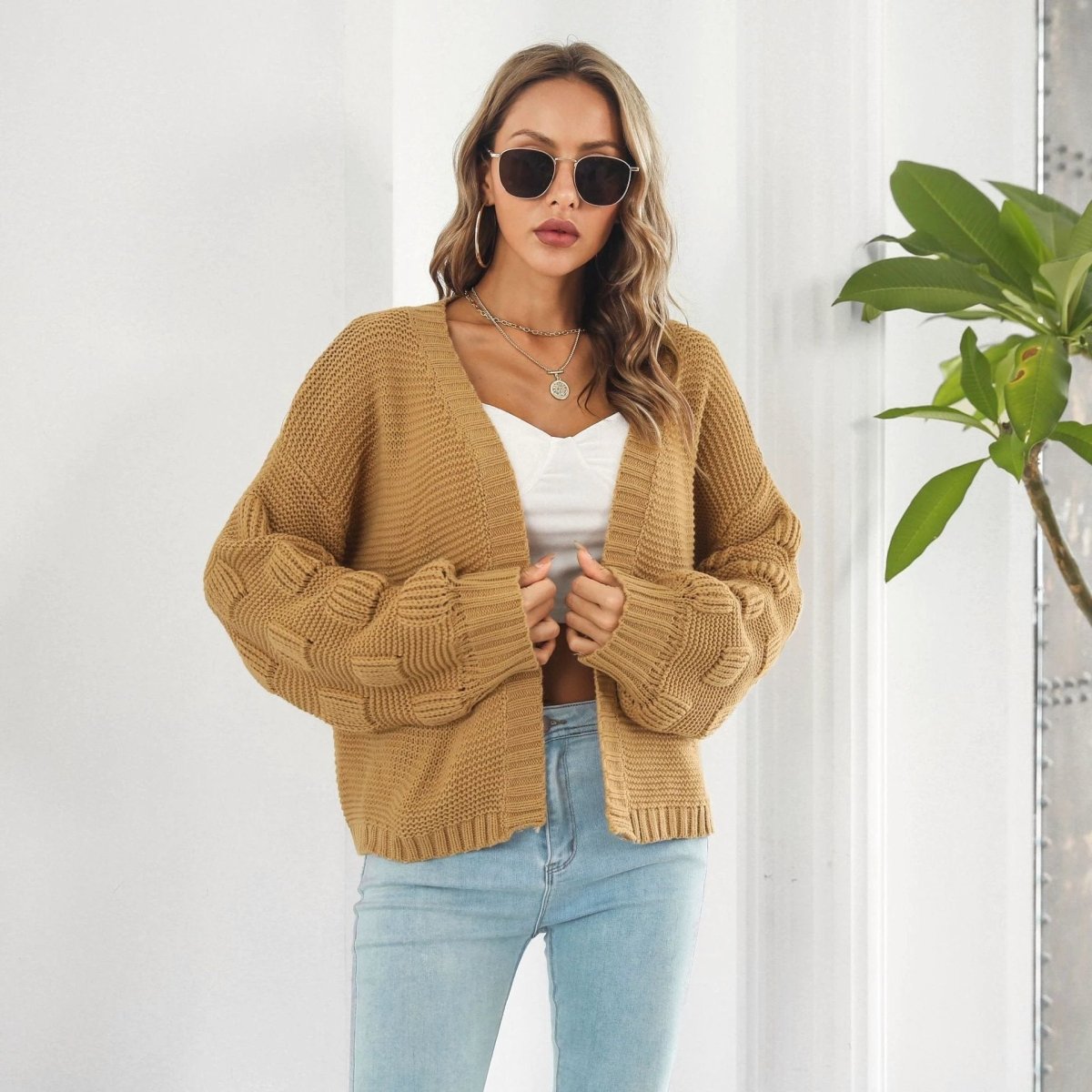 Puff Sleeve Cardigan Sweater Women Clothes Front Chunky Knitwear Coat MANDOTOS