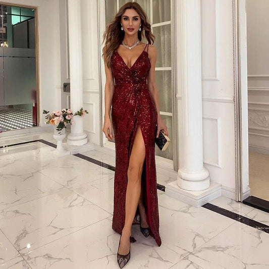 Women V Neck Dress Sequin Spaghetti Strap Maxi Party Dress MANDOTOS