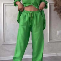 Wide-Leg Pants & Lace-Up Top Two-Piece Set – Solid Color, 12 Colors S–5XL