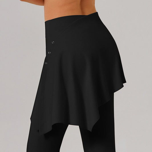 Women's straight-leg yoga pants with black fabric and an asymmetrical wrap overlay panel