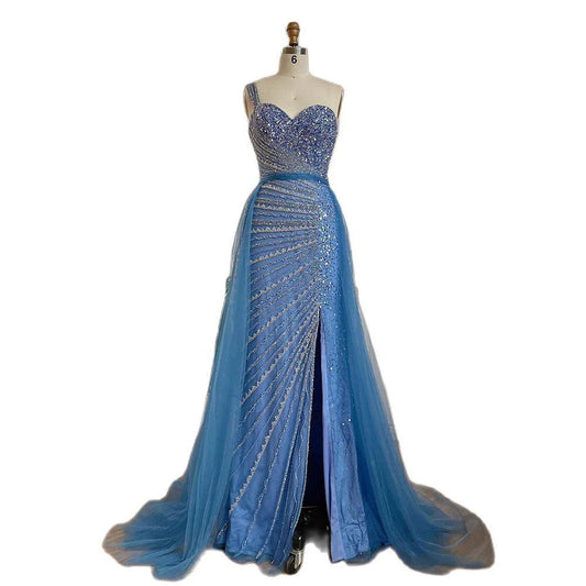 Blue Handmade Beaded Split Shoulder Fishtail Dress MANDOTOS