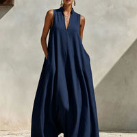 Linen Blend Sleeveless Stand-Collar Maxi Dress – 5 Colors S–3XL