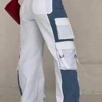 Contrast Pocket Cargo Jeans in white and blue color-block with oversized side cargo pockets.