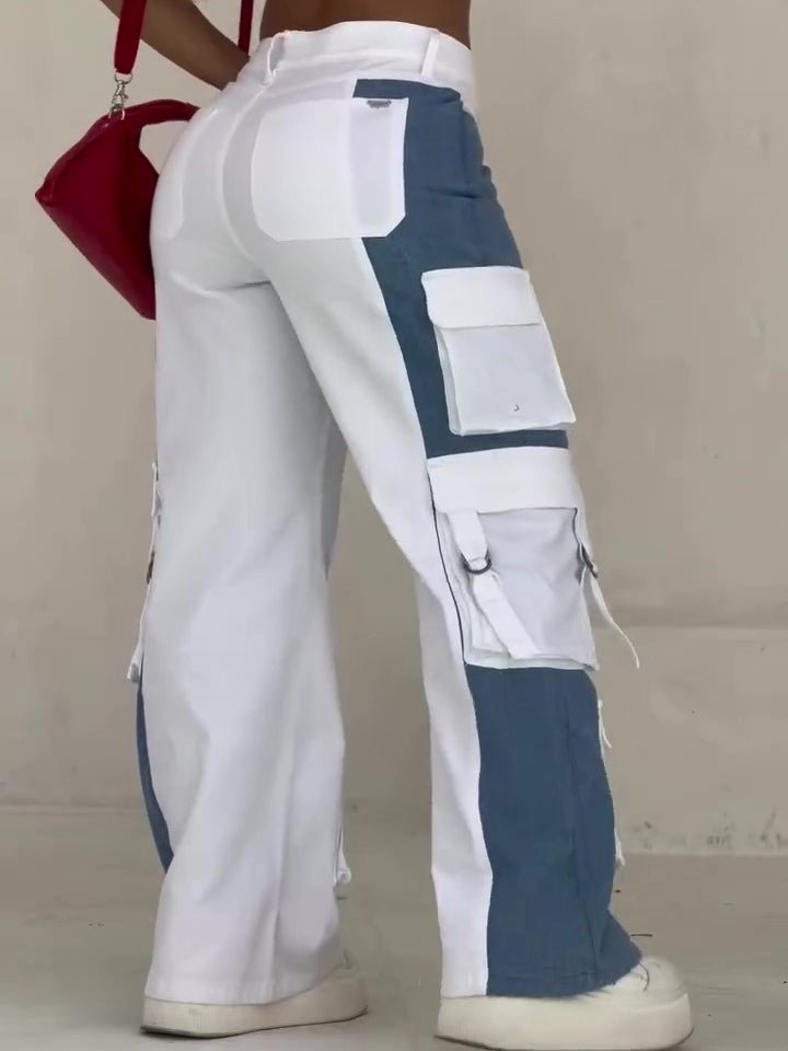 Contrast Pocket Cargo Jeans in white and blue color-block with oversized side cargo pockets.