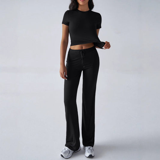 Crew Neck Short Sleeve Top & Full-Length Pants Set – Solid Color, 10 Colors