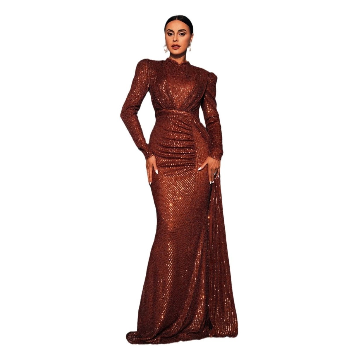 Long Sleeve Round Neck Sexy Slim Long Sequined Banquet Dress MANDOTOS