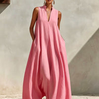 Linen Blend Sleeveless Stand-Collar Maxi Dress – 5 Colors S–3XL
