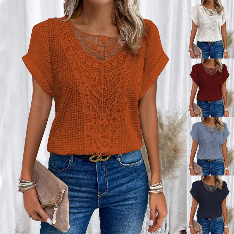 Summer hollow-out short-sleeve knit top in orange with lace pattern; 5-color variants