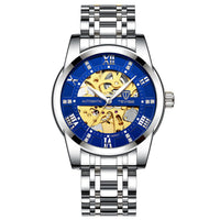 Mechanical skeleton watch with blue dial and stainless steel bracelet, TEVISE