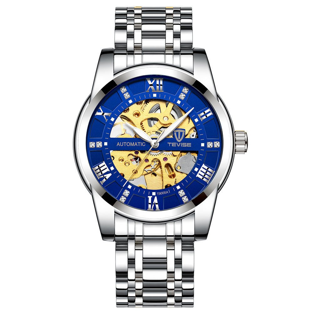 Mechanical skeleton watch with blue dial and stainless steel bracelet, TEVISE