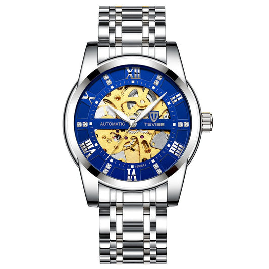 Mechanical skeleton watch with blue dial and stainless steel bracelet, TEVISE