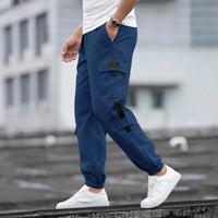 Mens Retro Jogger Casual Work Pants, blue cargo joggers thigh pocket and drawstring waist, elastic cuffs, Ancient Energy