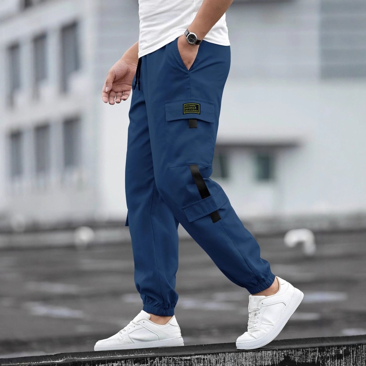 Mens Retro Jogger Casual Work Pants, blue cargo joggers thigh pocket and drawstring waist, elastic cuffs, Ancient Energy