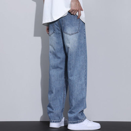 Fleece-lined American-style retro men's straight-leg pants by Ancient Energy, light blue denim.