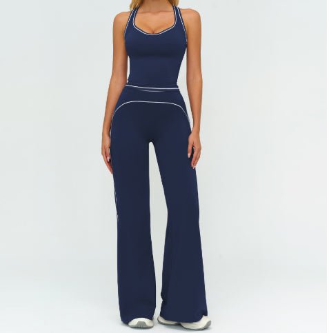 Ancient Energy Women's Yoga Set: navy blue sleeveless V-neck top with white piping and navy slim straight pants 2-piece