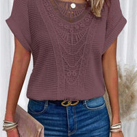 Summer hollow-out short-sleeved T-shirt by Ancient Energy in mauve crochet knit for women