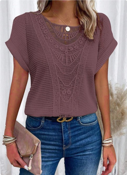 Summer hollow-out short-sleeved T-shirt by Ancient Energy in mauve crochet knit for women
