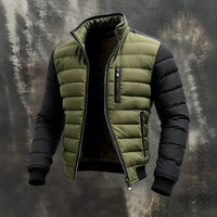 Puffer jacket for men in olive green with black sleeves, zip front, stand collar, and chest pockets.