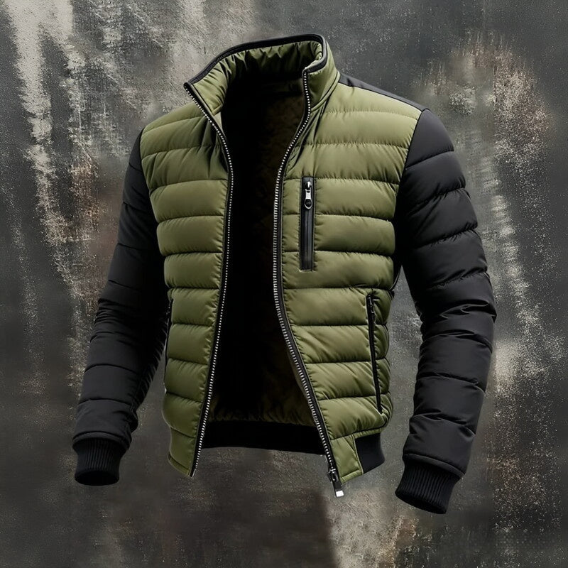 Puffer jacket for men in olive green with black sleeves, zip front, stand collar, and chest pockets.