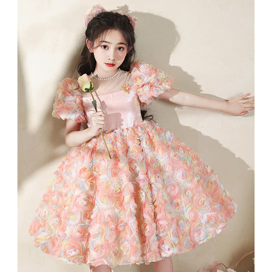 Ladies' blush floral puff sleeve mini dress by Mandotos International, featuring a feminine floral print and stylish puff sleeves.
