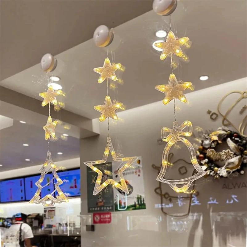 Christmas 3Pcs LED Star Hanging Lights For Home Decor Suction Cup Battery Powered - MANDOTOS