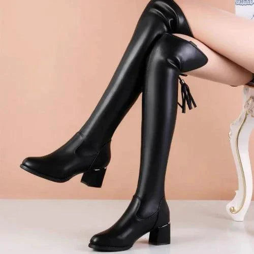 Elastic Leather Knee Boots - MANDOTOS