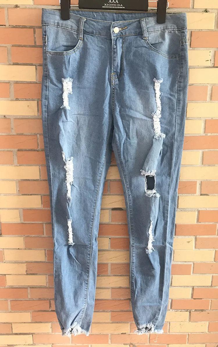 Europe and The United States New Fashion Elastic Ripped Pencil Jeans, Women's Spring and Autumn Slim-fit Small Leg Pants Jeans - MANDOTOS