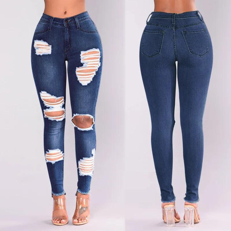 Europe and The United States New Fashion Elastic Ripped Pencil Jeans, Women's Spring and Autumn Slim-fit Small Leg Pants Jeans - MANDOTOS
