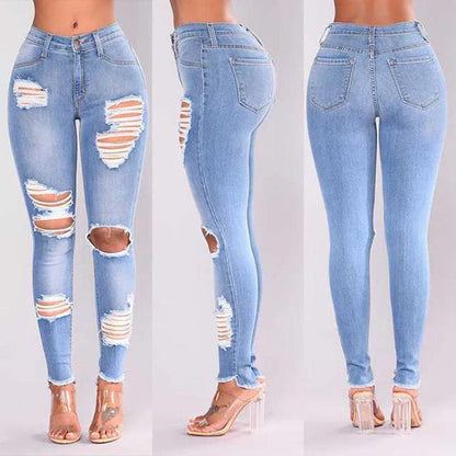 Europe and The United States New Fashion Elastic Ripped Pencil Jeans, Women's Spring and Autumn Slim-fit Small Leg Pants Jeans - MANDOTOS