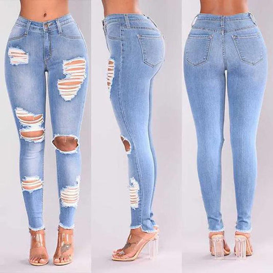 Europe and The United States New Fashion Elastic Ripped Pencil Jeans, Women's Spring and Autumn Slim-fit Small Leg Pants Jeans - MANDOTOS