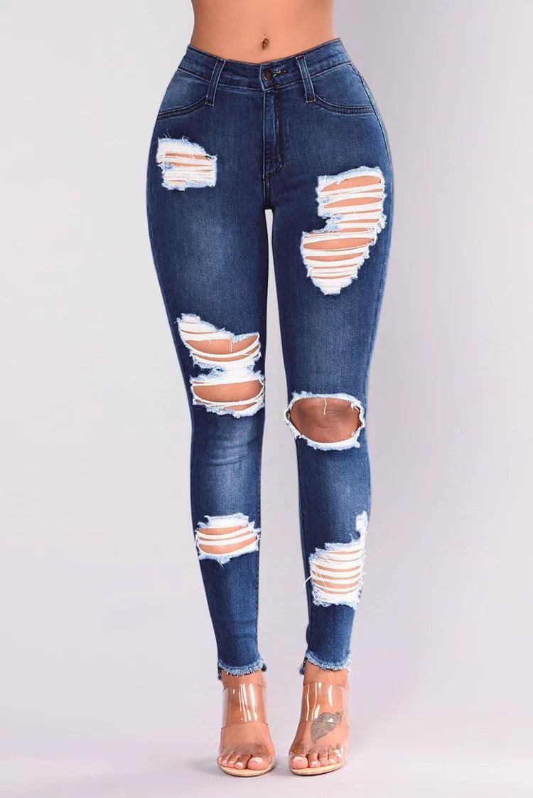 Europe and The United States New Fashion Elastic Ripped Pencil Jeans, Women's Spring and Autumn Slim-fit Small Leg Pants Jeans - MANDOTOS