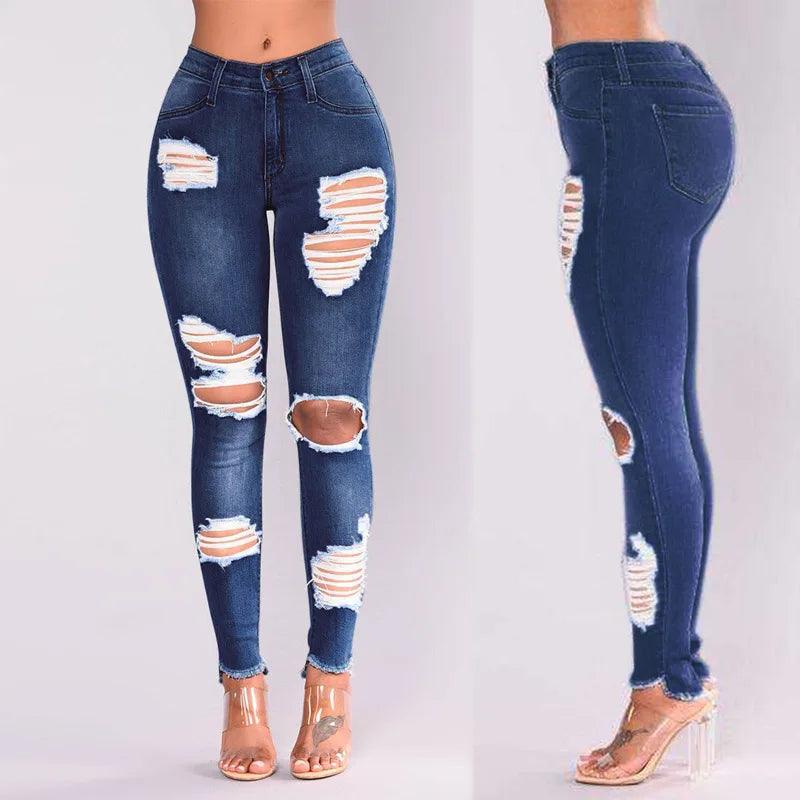 Europe and The United States New Fashion Elastic Ripped Pencil Jeans, Women's Spring and Autumn Slim-fit Small Leg Pants Jeans - MANDOTOS