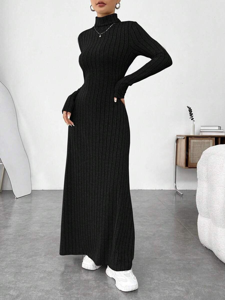 European and American Cross-Border Autumn and Winter Women's Clothing, Slim-Fitting High Collar, Fashionable Solid Color Pit Strip Brushed Long-Sleeved Dress for Women - MANDOTOS INTERNATIONAL