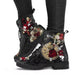 Gothic print vegan leather combat boots by Ancient Energy, black lace-up ankle boots.