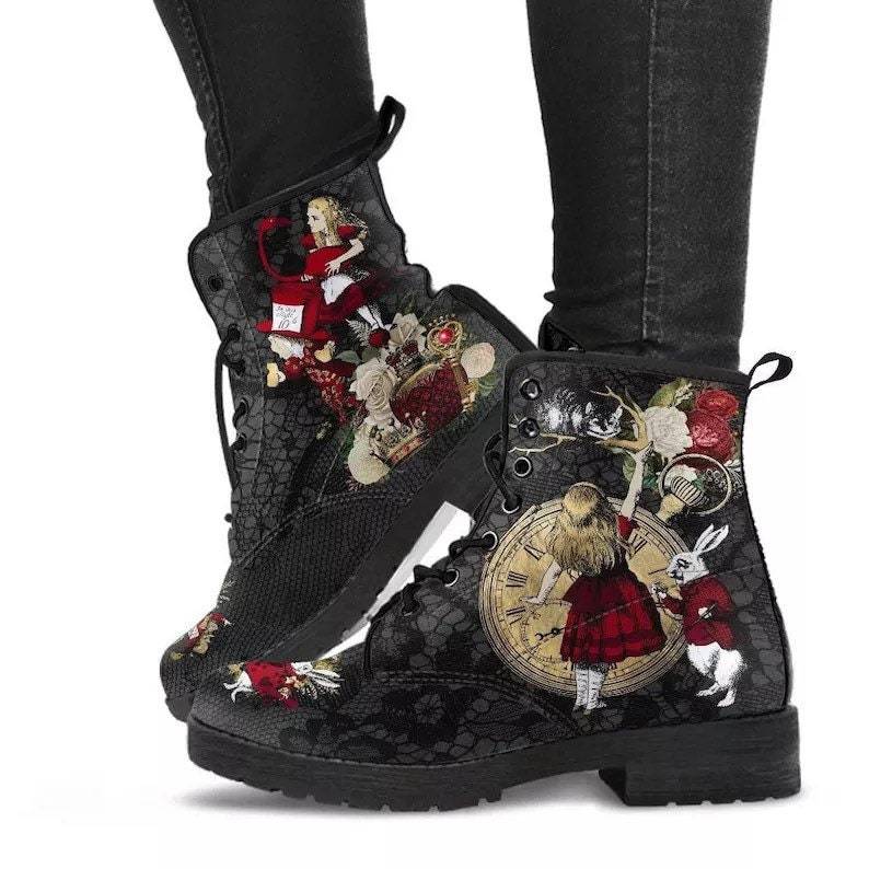 Gothic Print Vegan Leather Combat Boots by Ancient Energy; black lace-up ankle boots with gothic artwork, 2 boots shown