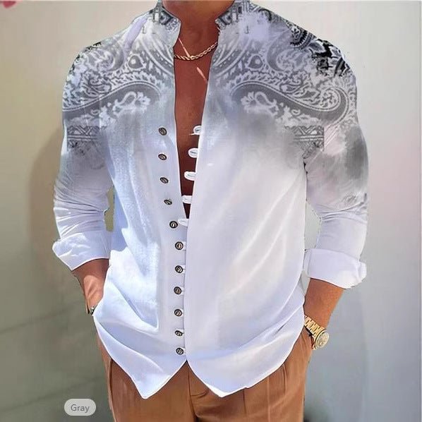 Mens 3D Printed Shirt Top by Ancient Energy; white gradient with gray pattern and metal button placket