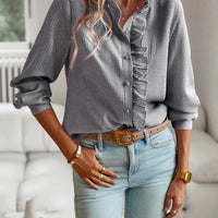 Striped Long Sleeve Shirt Fashion Ruffle Design Button Up Tops Casual Office Blouse Elegant Commuting Women's Clothing - MANDOTOS INTERNATIONAL0